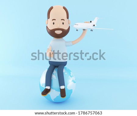 3D Illustration. Cartoon character sitting on globe and holding an airplane on blue background. Travel concept.