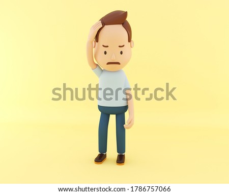 3D Illustration. Cartoon character with confused and thoughtful expression on yellow background.
