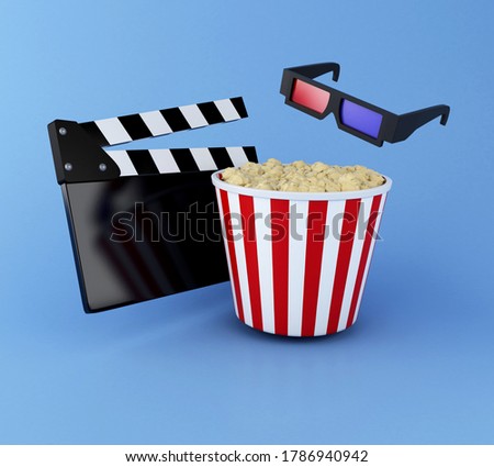 3d illustration. Cinema clapper board, popcorn and 3d glasses. Cinematography concept.