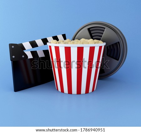 3d illustration. Cinema clapper board, Film reel and popcorn. Cinematography concept.
