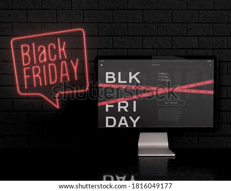 3D Illustration. Black Friday sale banner on computer screen. Special offer advertising. Black friday concept. Shop online and shop sale concept.