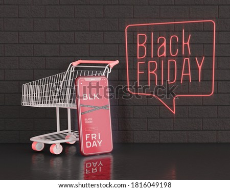 3D Illustration. Black Friday online sale banner advertising on smartphone screen. Special offer advertising. Black friday concept. Shop online and shop sale concept.