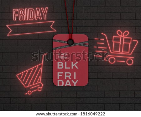 3D Illustration. Black friday sale advertising on hanging tag. Special offer ad. Ad offer discount on shopping day. Black friday and shop sale concept.