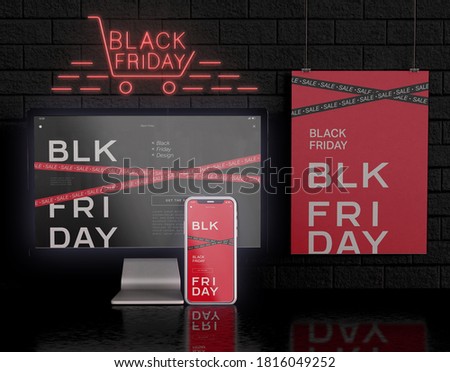 3D Illustration. Black Friday sale banner on computer and smartphone screen. Special offer advertising. Black friday concept. Shop online and shop sale concept.