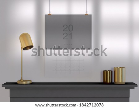 3D Illustration. Wall calendar for year 2021. Vertical design template. Home deco concept.