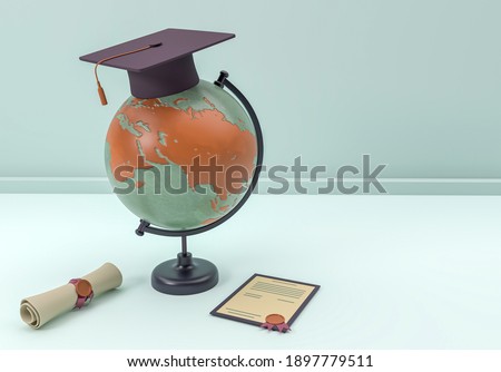 3D Illustration. Graduation cap and diploma with a globe earth. Education concept.