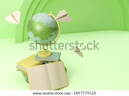 3D Illustration. School supplies and items with a globe earth. Back to school. Education concept.