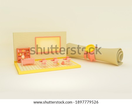 3D Illustration. Empty school classroom with a diploma. Education and back to school concept.