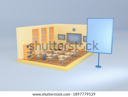 3D Illustration. Empty school classroom with a blank sign board. Back to school. Education concept.