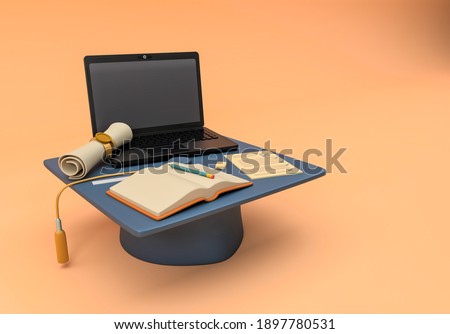 3D Illustration. A graduation cap with education items and laptop. E-learning and online education concept.