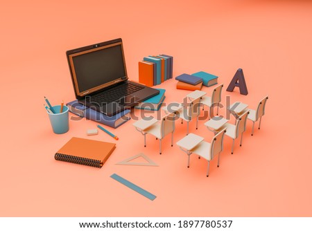 3D Illustration. School supplies and items with a laptop. E-learning and online education concept.