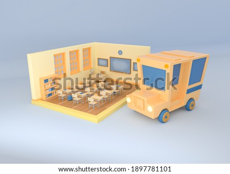 3D Illustration. School bus and classroom on isolated background. Back to school. Education concept.
