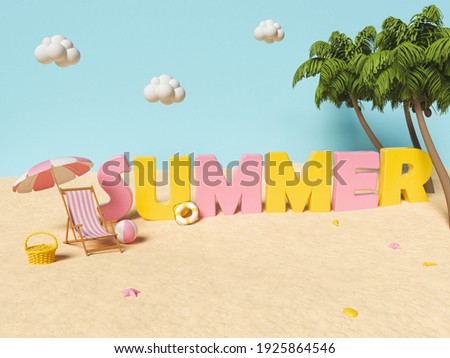3d Summer text banner design with tropical beach elements. Summer holidays concept.
