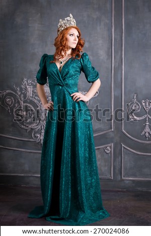 Queen, royal person with crown, red hair and green dress