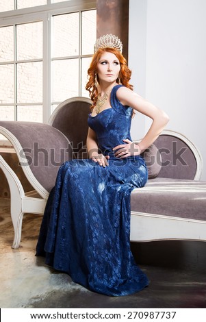 Queen, royal person with crown, red hair in blue violet dress