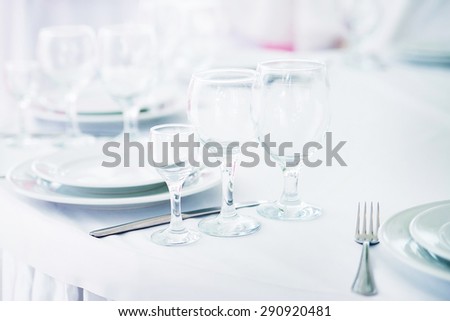 Table in restaurant. Party, indoor, glass for wine