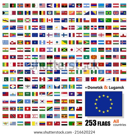 World Flags Collection - All Sovereign States Set on 2014 and 2015 - with Donetsk and Luhansk - Vector Illustration