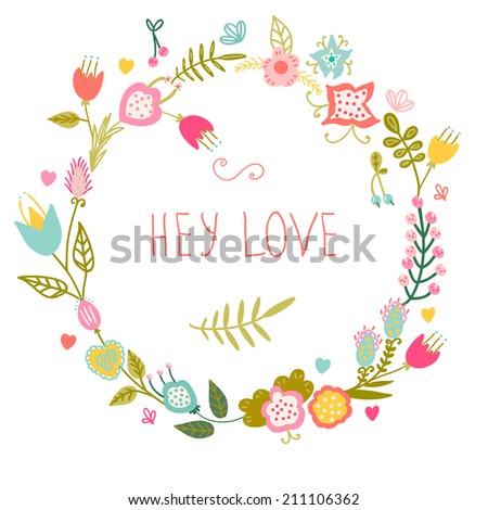 Floral frame Cute retro flowers arranged a shape of the wreath Perfect for wedding invitations Floral frame Cute retro flowers arranged a shape of the wreath Perfect for wedding invitations