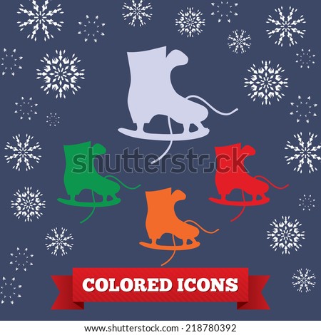 Skating icon. Sport, winter symbol. Colored skate silhouette on dark blue background with snowflake signs. Vector isolated