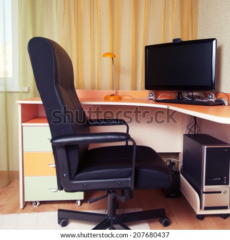 computer chair , table. Workplace house