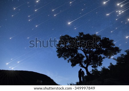 Silhouette couple under a tree and enjoying Star shower  in nights cape