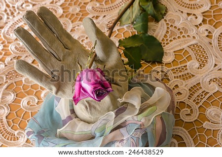 elegant composition with a glove, rose and a veil