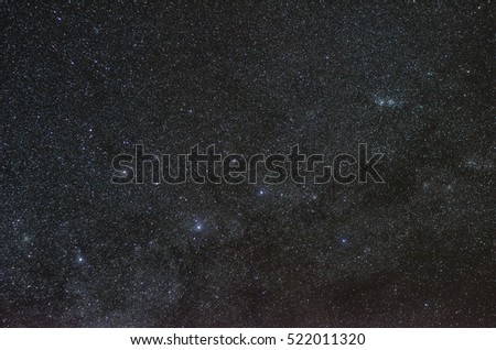 Star field with the constellation of Cassiopeia with visible open double cluster, H and Chi Persei