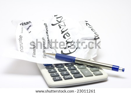 Crisis background - calculator and pen isolated on white