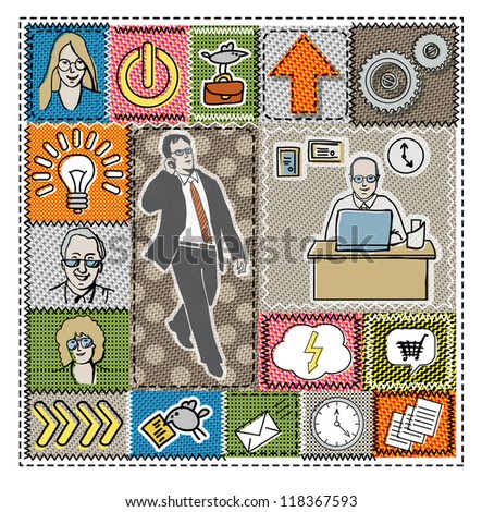 Business people and icons textured collage set Color vector textured illustration with business people and icons. Elements grouped independently.
