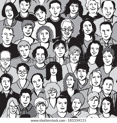 Seamless pattern unrecognizable people faces in crowd Crowd of unrecognizable people. Seamless pattern. Black and white vector illustration.