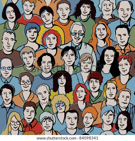 Seamless pattern with unrecognizable people faces. Seamless background with big smiling group people. With this picture you possible make very big crowd. Color vector illustration.