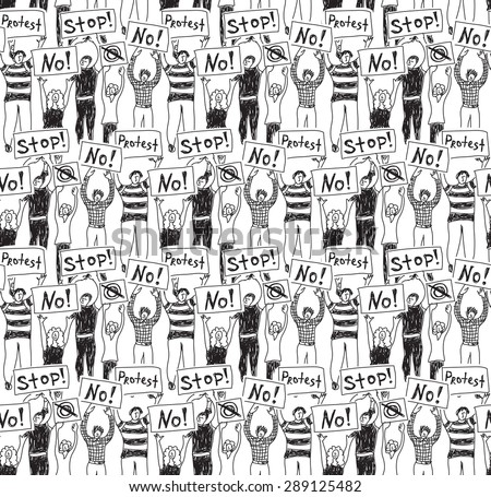 Protest demonstration group people seamless pattern black and white
Crowd of protest people. Monochrome vector seamless pattern.