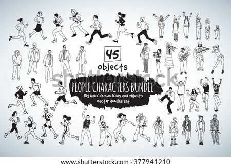Big bundle people characters doodles black and white icons. Vector illustration. EPS10