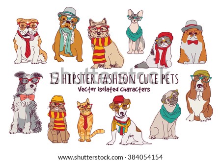 Cute cats and dogs fashion hipster isolated pets.  Color vector illustration. EPS8