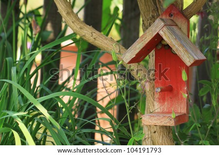 A small red painted wooden constructed bird house, set amongst a bud-lia tree and garden foliage in a small city garden, Snails take refuge in the eves of the bird house. Set on a landscape format.