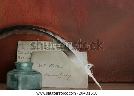 Reconstructed period looking letter and envelope set against a grunge style background with quill and ink pot.
