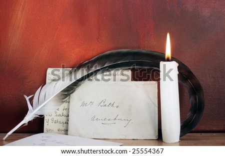 Period set up of a letter,quill pen and lit candle set on top of a wooden mantle against a red grunge background. All props recreated by self as artist.