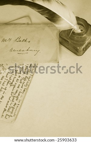 Sepia toned image of an ink pot with feathered quill and hand written letters (recreated by self). Portrait format.