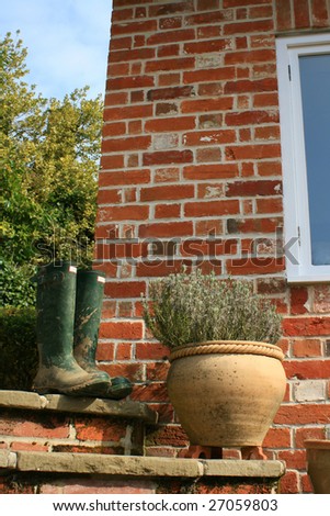 A pair of muddy gardening boots set on a patio step next to a terracotta pot containing Thyne. Backdrop consists of the end of a bricked house.