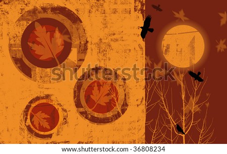 A landscape format image of an autumnal scene with grunge style abstract patterns, autumn leaves and black crows, with an abstract sun set.