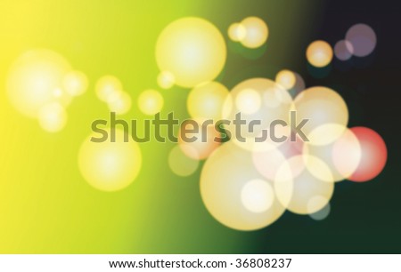 Landscape format image of circles set in soft and blurry focus to a green and yellow base. Representative of soft Christmas lights in a background.