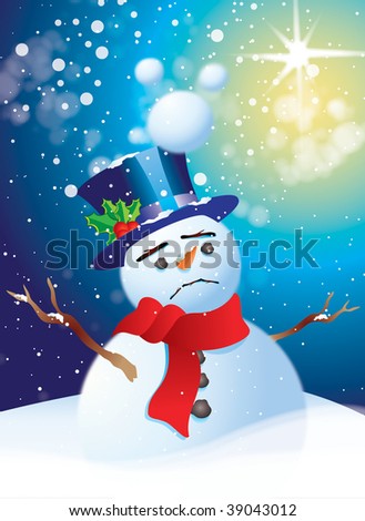 A single sad looking snowman with a blue top hat, red scarf and holly set in a bank of drifting snow. room for copy at base of image.