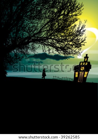 An illustrative image of a house on a hill set against a moonlight sky. A silhouetted figure walks on a sloping horizon with a large tree. Low mist looms in the background.