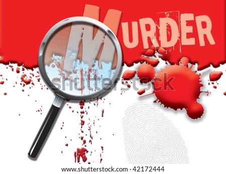 A landscape format illustration of blood spatters on a white background, with a magnifying glass highlighting the word murder.