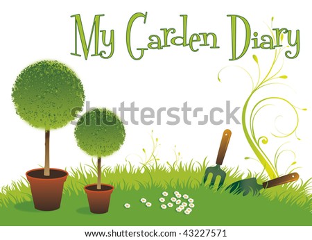 A landscape format image of two potted topiary bushes set on a green grassed background with a small garden fork and spade. Set with text spelling the words My Garden Diary. Room for additional copy.