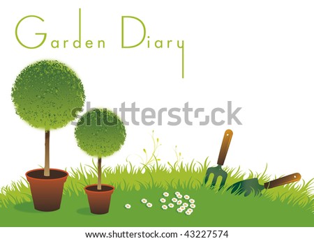 A landscape format image of two potted topiary bushes set on a green grassed background with a small garden fork and spade. Set with text spelling the words Garden Diary. Room for additional copy.