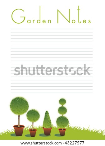 A portrait format image of topiary bushes set on a green grass background on an isolated white backdrop. Text to top spelling the words Garden Notes. Room for additional copy.