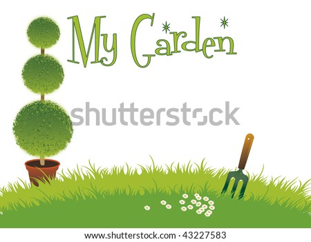 A landscape format with a three tear potted topiary bush set on a green grassed background with a small garden fork and daises on a white background.