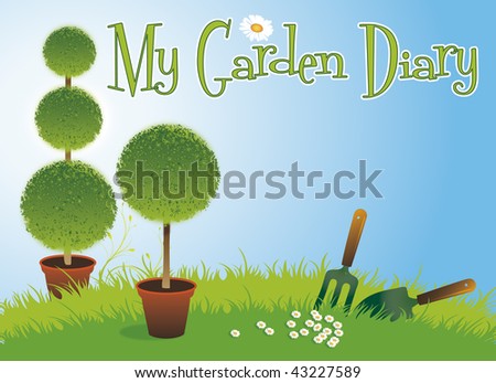 A landscape format image of two potted topiary bushes set on a green grassed background with a small garden fork and spade and daises on a blue sky background.Room for additional copy.
