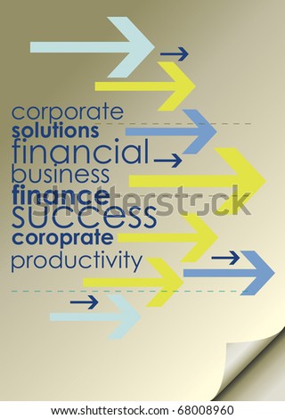 A portrait format business styled background representing the cover of a financial report, with the corner of the cover turned up to the bottom right. Text based with arrows.